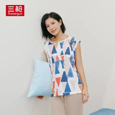 三枪女衫2024纯棉轻薄透气全棉印花宽松圆领女士背心无袖打底衫商品大图