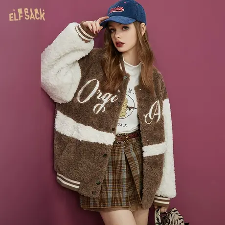 妖精的口袋美式麂皮绒棉服女2022冬新款小个子短款棒球服棉衣外套图片