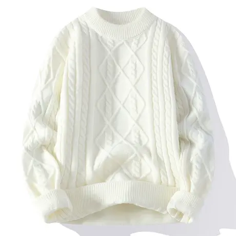 白色圆领毛衣男秋冬季新款潮流麻花编织加厚线衣男士半高领针织衫商品大图