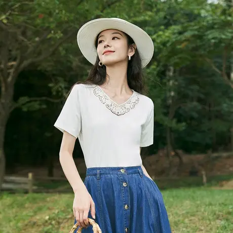 茵曼设计感气质镂空蕾丝绣花V领T恤2023夏女装新款宽松短袖上衣商品大图