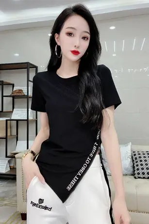 2023春夏新款字母侧拉链T恤女潮韩版时尚百搭短袖不规则修身上衣图片