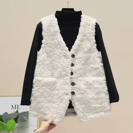 小香风羊羔毛背心马甲V领爆款女冬新款2023皮毛一体时尚韩版外套图片
