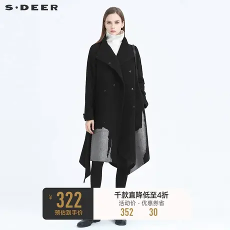 sdeer圣迪奥冬季立领胶印不规则拼接长款毛呢大衣女S20481837图片