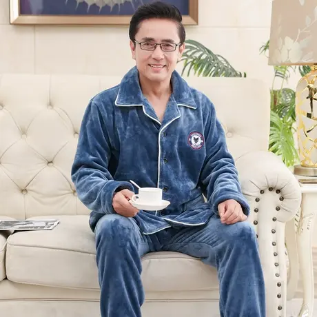珊瑚绒男士睡衣秋冬季大码长袖中老年爸爸家居服套装新款法兰绒图片