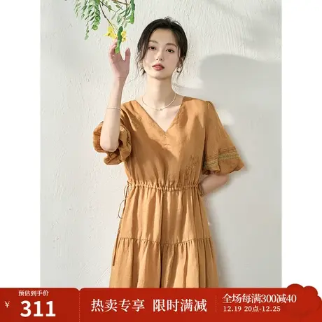 【商场同款】茵曼气质优雅灯笼袖连衣裙2023夏季女装新款V领长裙图片