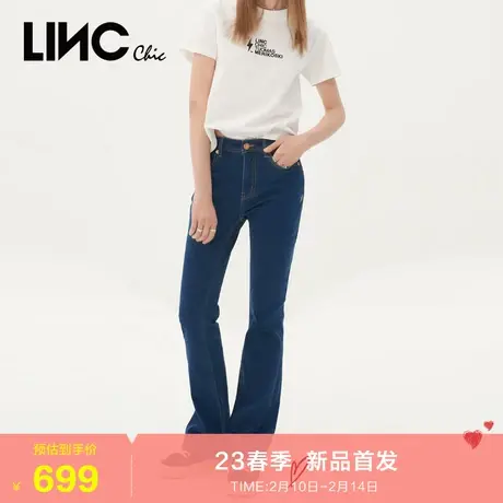 LINC金羽杰牛仔裤女2023秋季新款复古蓝色中高腰女士喇叭裤长裤商品大图