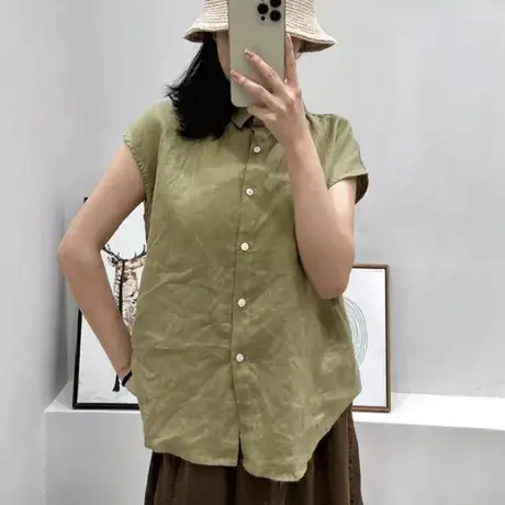 dza 文艺复古100%亚麻衬衣女士纯色翻领短袖衬衣开扣夏季棉麻上衣图片