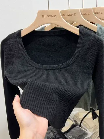 低圆领打底衫女内搭套头毛衣秋冬2022新款长袖短款上衣黑色针织衫商品大图