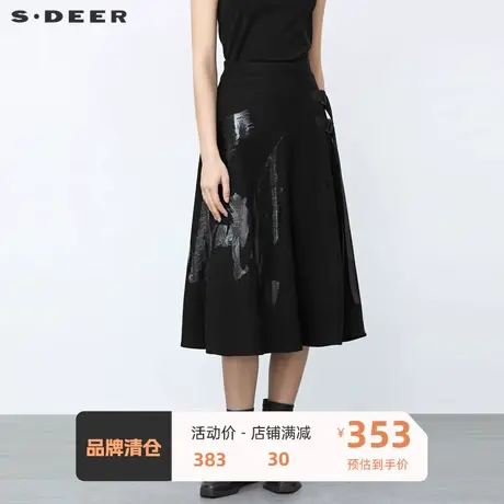 sdeer圣迪奥女装个性飘带胶印不规则黑色毛呢A字长裙S21481125🗂图片