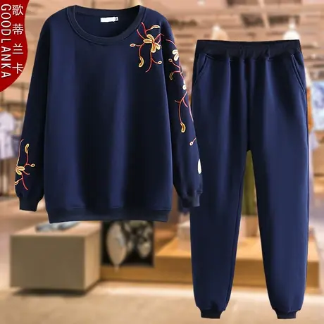 中年40-50岁胖妈妈加绒卫衣套装秋冬装加肥加大码束脚裤子两件套图片