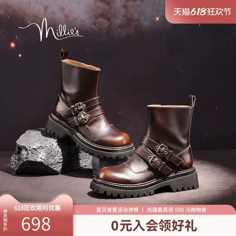 millie's妙丽2025春季时尚擦色牛皮时髦皮扣骑士靴女中靴D60W5DZ4商品大图