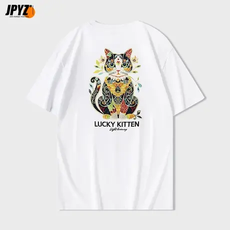 中国风大花猫刺绣短袖t恤重磅手工纯棉圆领男女同款情侣款打底衫商品大图