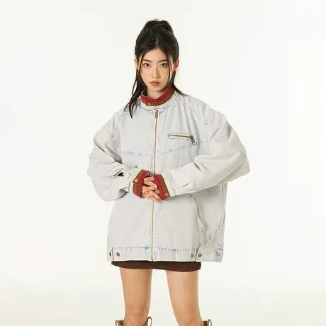 YEP复古拼色牛仔外套女春秋2023年新款立领美式潮牌夹克宽松上衣图片