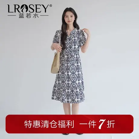 【法式度假风V领印花裙】蓝若水大码2025夏装新款复古高腰连衣裙图片