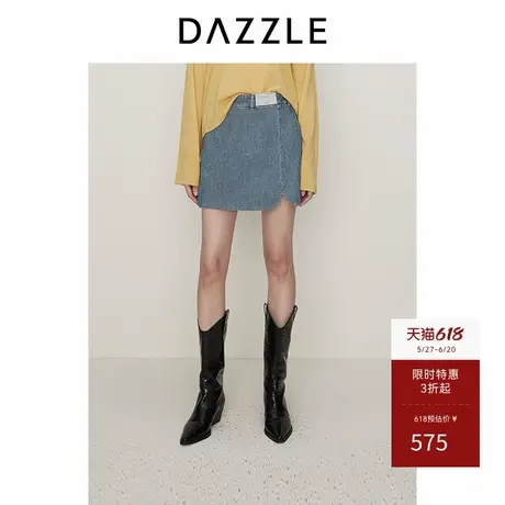 DAZZLE地素奥莱半身裙秋蓝色牛仔绣花半裙图片