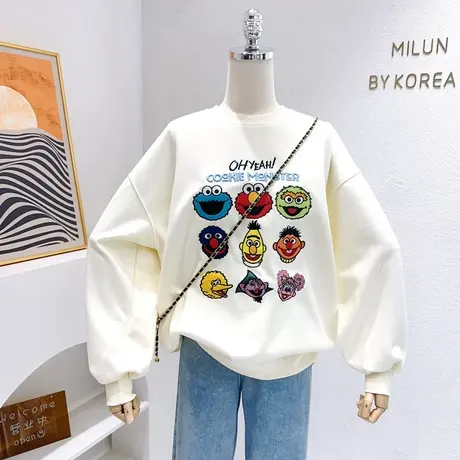 2023秋款原宿风搞怪趣味涂鸦刺绣长袖卫衣宽松套头上衣日系童趣女图片