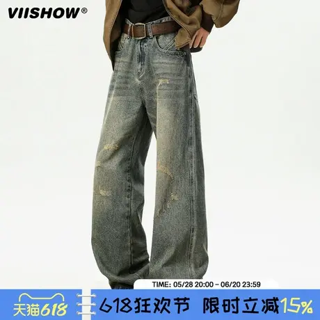 VIISHOW美式复古水洗做旧破洞牛仔裤男潮牌高街阔腿裤vibe弯刀裤商品大图