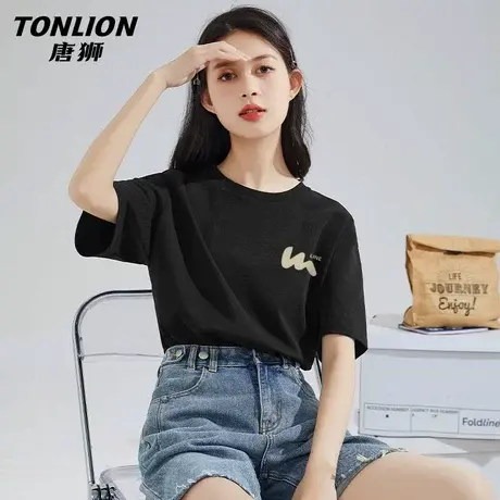 唐狮黑色圆领纯棉短袖t恤女2024新款夏季高端上衣奢华大牌VB图片