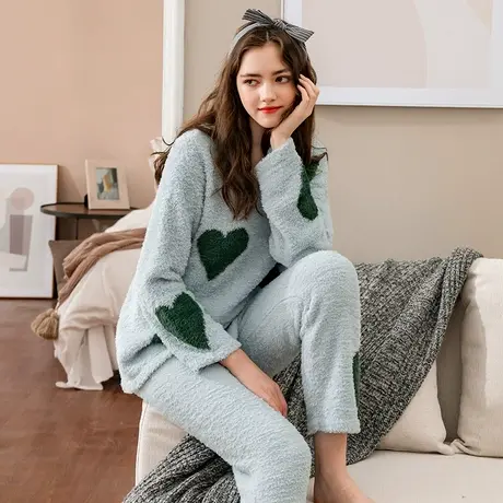 秋鹿奥莱清仓半边绒睡衣女秋冬圆领长袖爱心软绵绵家居服冬季保暖商品大图