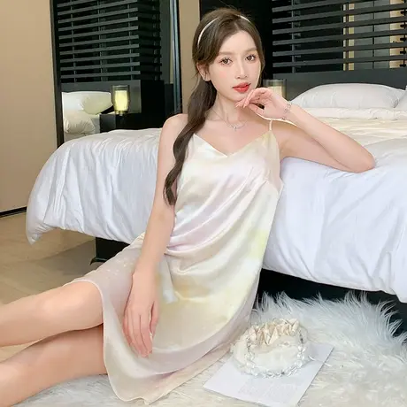 浪莎睡衣女夏韩版冰丝薄款性感火辣露背V领睡裙夏天吊带舒适家居商品大图
