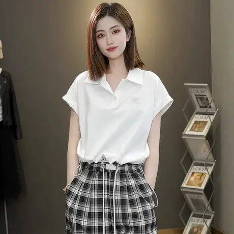 时尚Polo领短袖T恤女2025夏季新款百搭简约显瘦宽松洋气短款上衣商品大图