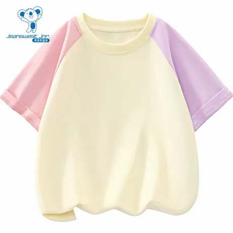 PV真维斯女童装 2025秋季新款拼色袖子圆领纯棉休闲童装短袖上衣商品大图