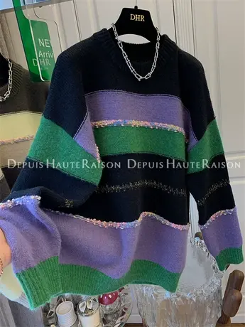 名媛气质洋气撞色条纹毛衣针织衫女上衣宽松休闲慵懒软糯2022冬装图片