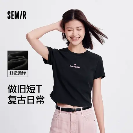 森马短袖T恤女短款做旧套头衫潮酷个性夏季正肩修身字母上衣时XY商品大图