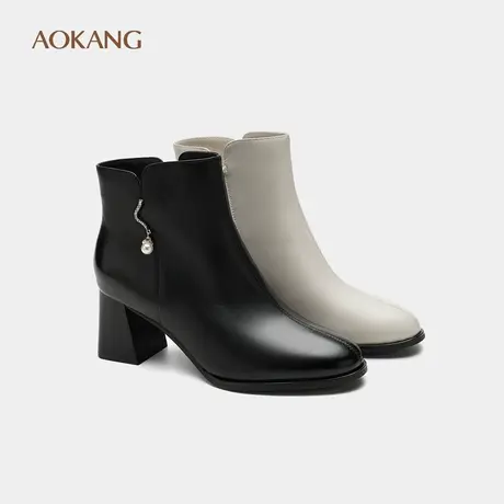 奥康 女鞋冬季真皮漆面气质短靴尖头粗跟时装靴门店发货商品大图