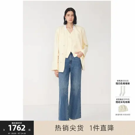 MISSCOCOON可可尼C3系列⼈字纹亚麻棉25年秋冬⽆领廓形西装外套女商品大图