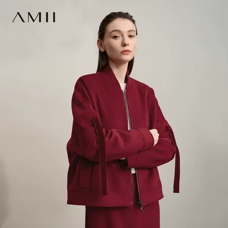 Amii2025冬极简纯色宽松棒球领拉链落肩长袖无弹毛呢外套女商品大图