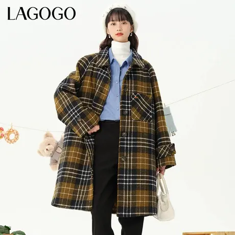 LAGOGO复古格子毛呢大衣女拉谷谷冬季新款高级感通勤中长款外套商品大图
