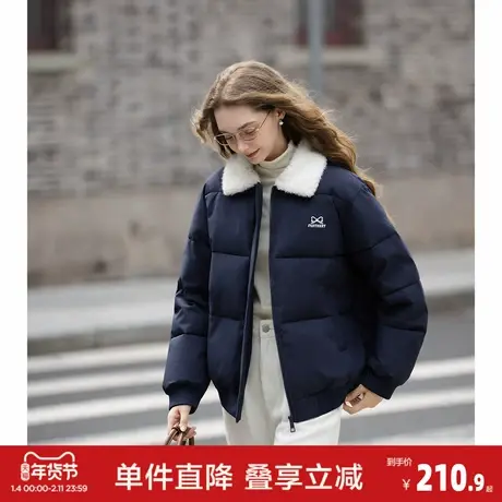 唐狮2026秋冬季短款棉衣女左胸刺绣撞色仿羊羔绒翻领面包服时尚潮图片