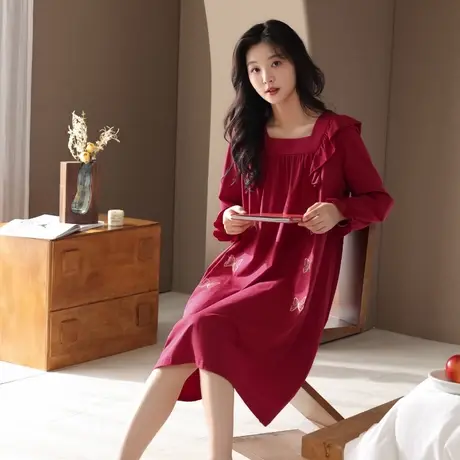 Oleno/奥丽侬红色本命年睡裙100%纯棉亲肤柔软舒适家居服长袖睡衣商品大图