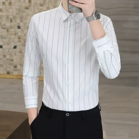 长袖衬衫男士修身时尚条纹衬衣秋季新款休闲商务正装高级感寸衣服商品大图