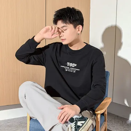 唐狮春季新款纯色长袖T恤男纯棉百搭宽松简约打底衫上衣服潮tTD图片
