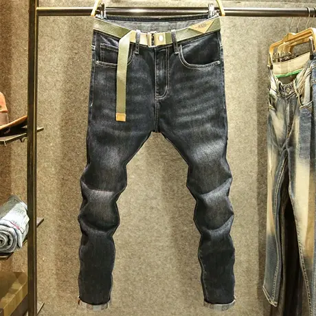 2023新款黑色牛仔裤男高端印花修身小脚男裤青年潮流弹力休闲长裤商品大图