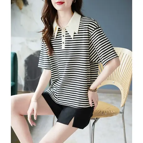 宝诗黎尖领条纹针织T恤女新款2023年夏季落肩短袖棉质宽松POLO衫商品大图