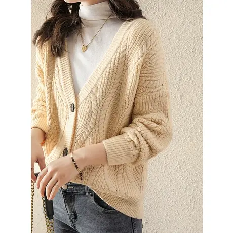 2023秋装新款纯色针织开衫女士慵懒风宽松外搭春秋冬季毛衣外套图片