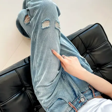 破洞阔腿牛仔裤女2023夏季薄款高腰窄版宽松显瘦ins浅色直筒长裤商品大图