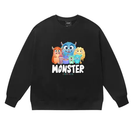 卡通趣味怪兽大学联名圆领卫衣男潮牌重磅大码宽松休闲黑色上衣图片