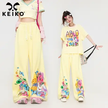 KEIKO 涂鸦风印花休闲裤子夏日多巴胺穿搭高腰直筒阔腿裤拖地长裤图片