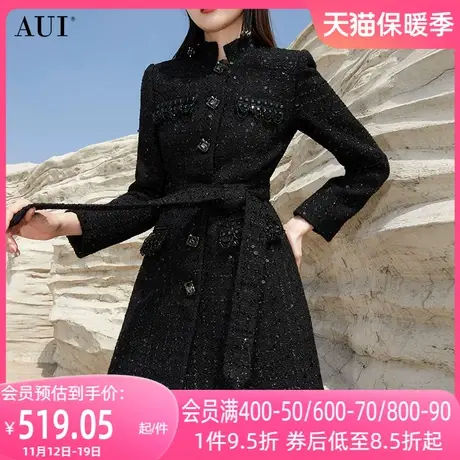 AUI黑色御姐气质小香风粗花呢外套女2023年冬新款中长款修身大衣商品大图