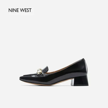 Nine West/玖熙方头浅口乐福鞋春秋新款女鞋钻扣粗跟单鞋小皮鞋商品大图