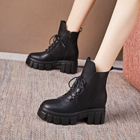 圣恩熙 工装短靴女2023新款圆头侧拉链坡跟 百搭 显脚小马丁靴女图片