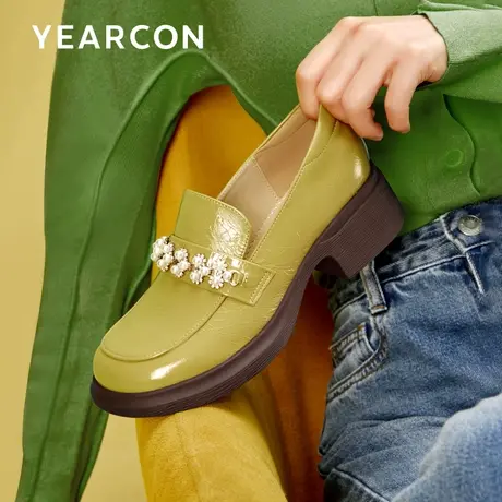 意尔康乐福鞋女英伦风2024春季新款百搭粗跟单鞋女一脚蹬小皮鞋图片