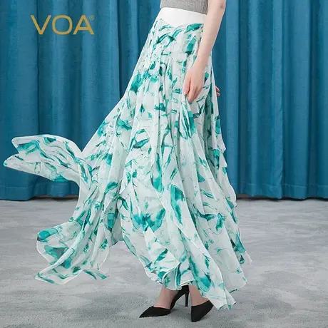 VOA真丝乔其自然腰蓝色晕染撞料拼接立体装饰淑女桑蚕丝半身裙图片
