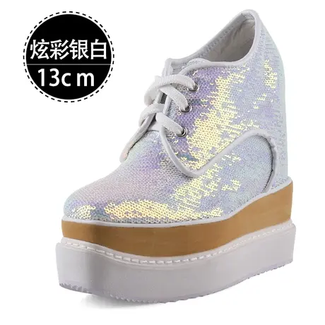 13公分内增高女鞋小个子厚底松糕鞋英伦风布洛克高跟方头休闲单鞋图片