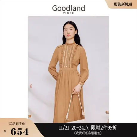 Goodland美地女装2023秋季木耳花边立领泡泡袖雪纺连衣裙图片