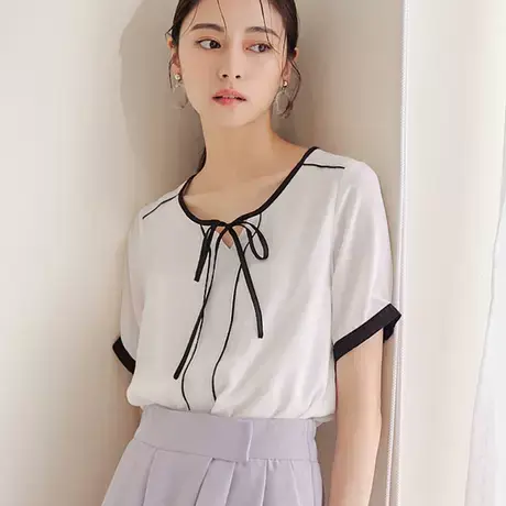 桔熊夏季通勤气质雪纺衫舒适柔软系带圆领短袖上衣女大码AB17292图片